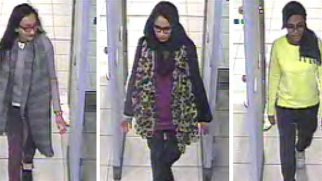 Left to right: Kadiza Sultana, Shamima Begum, and Amira Abase arrive at Gatwick airport to travel to Turkey to join Daesh in March 2015.